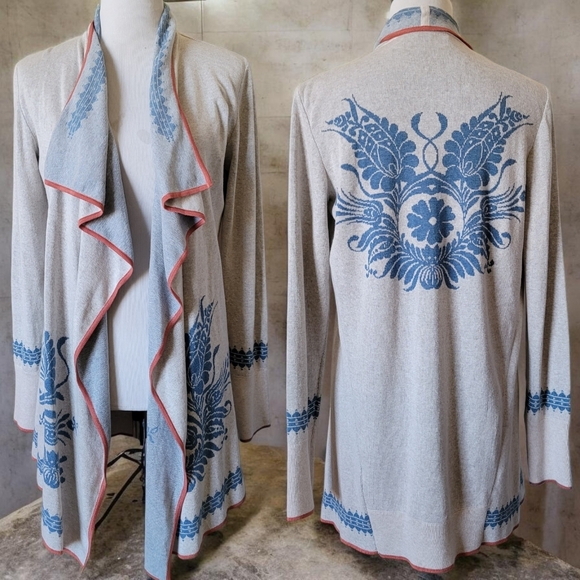 Peruvian Connection Sweaters - Peruvian Connection Pima Cotton Intarsia Draped Open Cardigan S